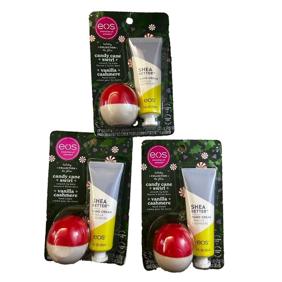 New eos 3 Pack Limited Edition Candy Cane Lip Balm & Vanilla Cashmere Hand Cream - Picture 1 of 3